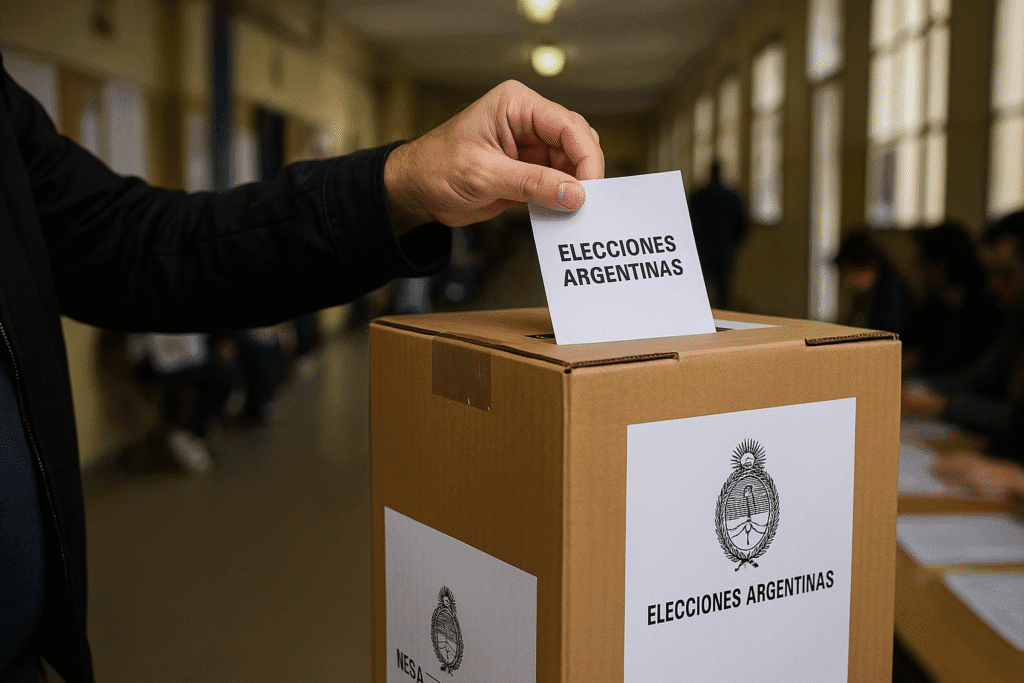 Person inserting their ballot into a box during voting at a public school in Argentina.